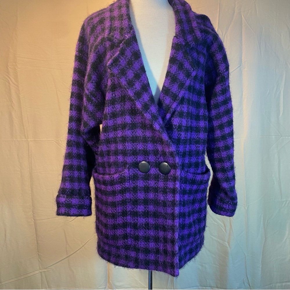 Vintage P.G.E Plaid Purple And Black Mohair Cardigan
